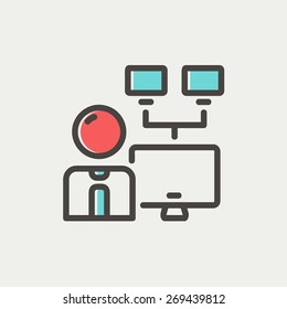 Man and screen cameras icon thin line for web and mobile, modern minimalistic flat design. Vector icon with dark grey outline and offset colour on light grey background.