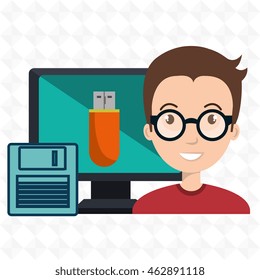 man screen floppy usb vector illustration grahic