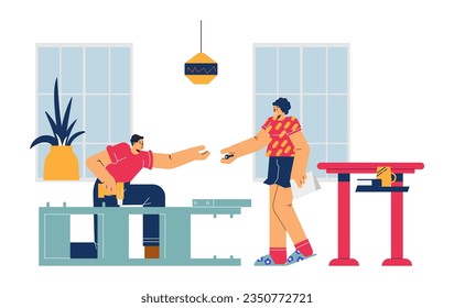 Man with screwdriver assembling or dismantling furniture cupboard lying horizontally in cozy room. Cartoon woman helps, gives a screw to worker. Flat vector illustration isolated on white