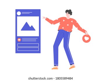 The man is scrolling through the feed on the social network. Likes blogger post. Internet content and comments. Vector flat illustration.