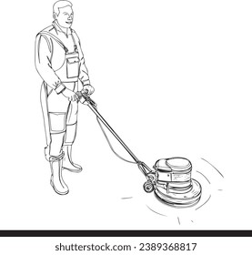 Man Scrubbing Floor with Machine: Cleaning Concept Art, Efficient Floor Care: Cartoon Style Cleaning Services, Promote clean and polished floors with vector art