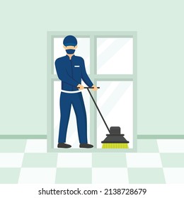 Man Scrubbing Floor with machine Concept, house sweeper vector icon design, Industrial cleaning service symbol, office and street caretaker Sign, maintenance appliance and equipment stock illustration