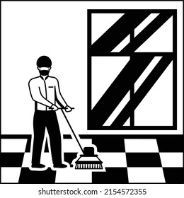 Man Scrubbing Floor with machine Concept, house sweeper vector icon design, Industrial cleaning service symbol, office and street caretaker Sign, maintenance appliance and equipment stock illustration