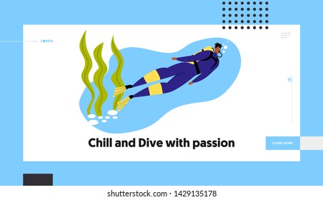 Man Scuba Diver in Swimming Suit, Flippers and Mask on Underwater Background, Snorkeling Diving Profession. Water Sport, Hobby, Website Landing Page, Web Page. Cartoon Flat Vector Illustration, Banner