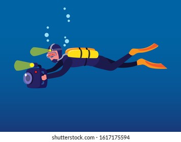 man scuba diving holding camera, cameraman recording under water in ocean with flash light cartoon in flat illustration vector