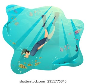 Man with scuba diving in ocean, illustration