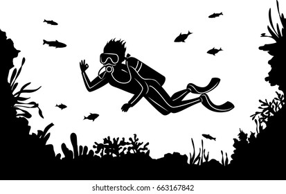 man scuba diving silhouette. reefs, corals and fishes border background