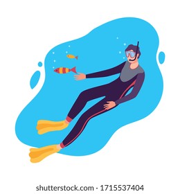 Man in Scuba Diving Suit Swimming with Fishes under the Sea, Professional Diver Exploring the Underwater World Flat Vector Illustration