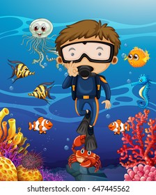 Man scuba diving under the ocean illustration