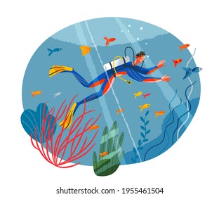 Man scuba diving underwater. Diver in ocean with fish, corals, plants vector illustration. Marine life in water background. Guy swimming in suit with mask and oxygen tank.