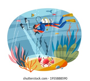 Man scuba diving underwater, looking at crab with lighting equipment. Diver in ocean with animals, fish, plants vector illustration. Marine life in water background. Guy swimming in suit.