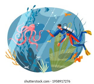 Man scuba diving underwater, touching octopus. Diver in ocean with animals, fish, corals, plants vector illustration. Marine life in water background. Guy swimming in suit with equipment.