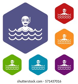 Man with scuba icons set rhombus in different colors isolated on white background