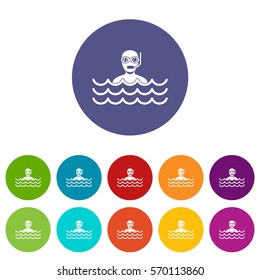 Man with scuba set icons in different colors isolated on white background
