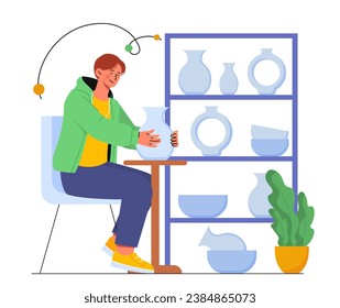 Man sculpting from clay concept. Young guy with pottery. Dishware and jug. Handmade and handicraft in workshop. Creativity and art. Cartoon flat vector illustration isolated on white background