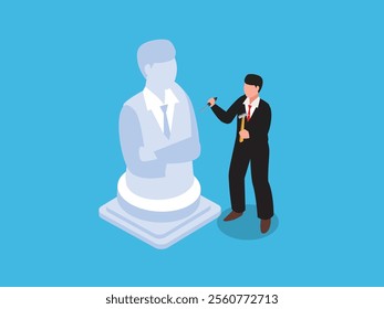 Man Sculpting His Own Statue - Concept of Self-Creation and Personal Growth 3d isometric vector illustration