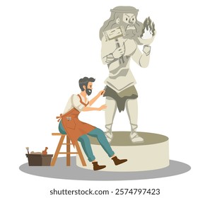 man sculptor creating a statue of a greek god, renaissance artist. vector illustration.