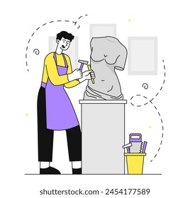Man sculptor simple. Young guy with equipment with instruments. Creativity and art. Character in workshop or studio with bust. Doodle flat vector illustration isolated on white background