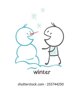 man sculpts snowman winter illustration