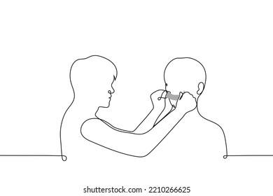 el hombre sella la boca con cinta adhesiva a otro hombre - un vector de dibujo de línea. concepto de hacer callar a alguien, privar del derecho al voto