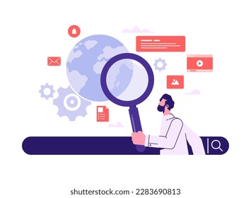 Man in search bar looking through magnify glass. Concept of searching, finding, information service, Q and A, customer support, find the answer. Flat vector illustration