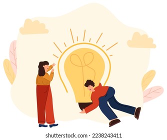 A man in search of a brilliant idea, holding a light bulb. Teamwork with a light bulb. The concept of business, finding ideas, a light bulb as a symbol of solving problems. Vector illustration.