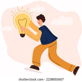 A man in search of a brilliant idea runs with a light bulb in his hand. The concept of business, finding ideas, a light bulb as a symbol of solving problems. Vector illustration.
