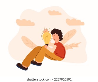 A man in search of a brilliant idea sits holding a light bulb in his hand. The concept of finding for ideas, a light bulb as a symbol of solving problems. Vector illustration.