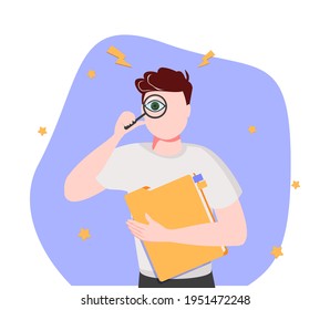 Man search a document or file in catalog folder. Metaphoric business or web illustration for banner, website, ui, ux design. Concept of information or data organization or optimization, search.