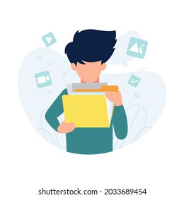 Man search a document or file in catalog folder. Suitable for business or web illustration for banner, website, ui, ux design. Concept of information or data organization or optimization, search.