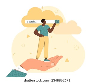 Man with search engine concept. Young guy at human palm with searching bar. Internet and online knowledger and information. SEO specialists at workplace. Cartoon flat vector illustration