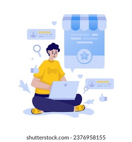 Una búsqueda de hombre explora la reputación de la tienda revisa la ilustración vectorial