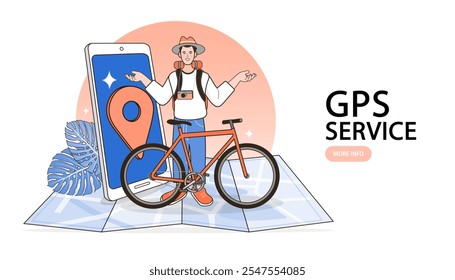 Navegação de gps de pesquisa de man. Motociclista com tablet. Planejamento de viagem. Viagens on-line. Viagens e férias. Turista à procura de gps mapa de localização na tela virtual aplicativo móvel. ilustração vetor.