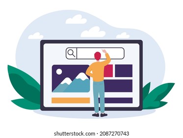 Man search for information on internet concept. Male character stands next to tablet and enters search query into string. Study websites, social networks and apps. Cartoon flat vector illustration