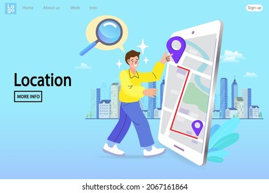 Man search for location on smartphone. Mobile navigation. Online map. City landscape background. Modern flat cartoon style. vector illustration.