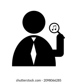 Man search music icon. Magnifying glass sign. Music note. Digital logo. Black shape. Vector illustration. Stock image. EPS 10.