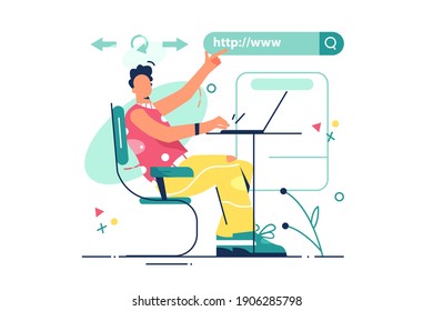 Man search web sites vector illustration. Guy working on laptop, in search for new website flat style. Technology and explore internet concept. Isolated on white background