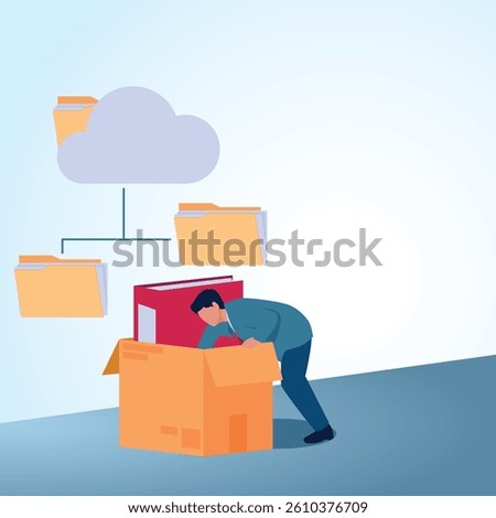 A man searches for data in a cardboard binder next to a cloud server. A metaphorical illustration for data archive, file organization and document access.