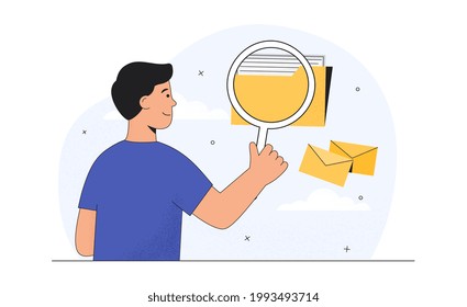 Man searches document or file in catalog folder. Metaphoric business illustration for banner, website, ui, ux design. Information, data organization, optimization, search concepts. Vector illustration