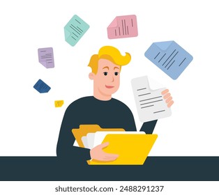 A man searches through documents in a folder. Business or web illustration for banner, website, ui, ux design.