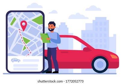 Man searching car for rent, using location app on gadget, studying digital map, ordering taxi online. Vector illustration for car sharing, urban transport, transfer, driving concept