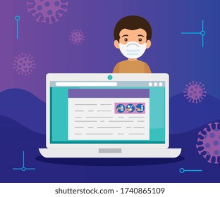 man searching covid 19 information online in laptop computer vector illustration design