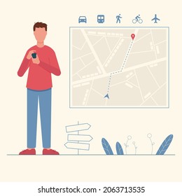 Hombre buscando dirección o ubicación en el smartphone. Concepto de mapa en línea. Navegación GPS con itinerario y punto fijo rojo. Iconos de diversos medios de transporte. Aplicación móvil para obtener ruta.