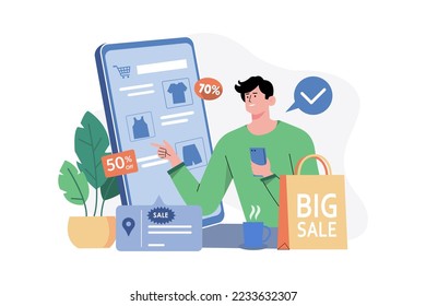 Man searching discount on online store