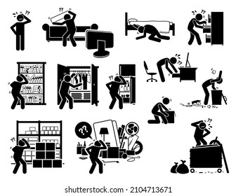 Man Searching And Finding Lost Things. Vector Illustrations Of Stick Figure Search And Find Items At Sofa, Under The Bed, Cabinet, Closet, Book Shelf, Fridge, Drawer, Dustbin, Storeroom, Garbage Bin.