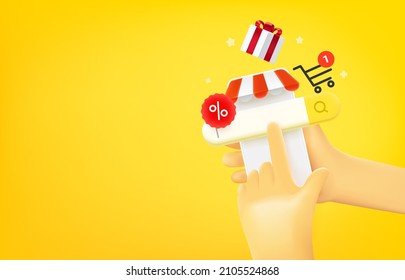 Man searching goods in internet via mobile phone. 3d vector banner with copy space