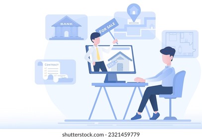 Man searching house to buy in real estate market through online platform with the video assistance of a real estate agency. Location map, price range, room plan, contract, deal, term and condition.