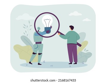 Man searching for idea and robot character holding lightbulb. Male character examining cyborg with magnifier flat vector illustration. Artificial intelligence, automation, information concept for