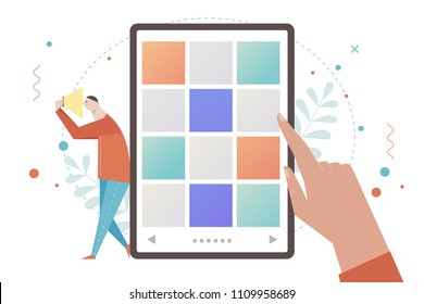 A man is searching for images on his cell phone. flat design style vector graphic illustration set A man is searching for images on his cell phone. flat design style vector graphic illustration set