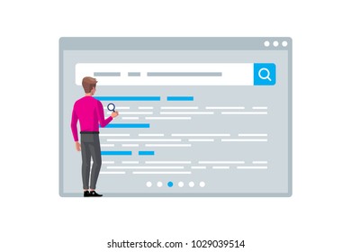 Man searching information on the internet, SEO concept. Vector illustration 